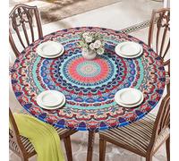 ASTNIC Round Tablecloth, Waterproof Elastic Edged Fitted Vinyl Table Cloth Washable Oil-proof Mandala Table Protector Cover for Dinning Room Kitchen Picnic (Fit 45"-56" Round Table)