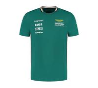 Aston Martin F1 2025 Men's Team Tshirt Green | Round neck crew collar with BOSS stripe detail, AMR25 logo on lower back, Officially licensed