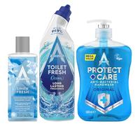 Astonish 3 Piece Blue Household Cleaning Products Bundle Giftset - Antibacterial Hand Wash 600ml, Fresh Linen Concentrated Disinfectant 300ml & Ocean Scent Toilet Gel 750ml - Blue Cleaning Kit