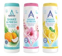 Astonish 3 Piece Household Cleaning Products Giftset Bundle - Shake & Fresh 350g Air Freshener Powders - Pink Blossom, Lemon Sparkle & Tropical Breeze - Odour Eliminator for Carpets & Bins