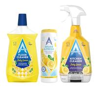 Astonish 3 Piece Yellow Household Cleaning Products Giftset Bundle - Kitchen Cleaner 750ml, Floor Cleaner Zesty Lemon 1L, Shake & Fresh Carpet Freshener 350g - Powerful Lemon Scented