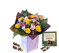 Astonishing Fresh Bouquet Yellow Roses Purple Limonium, Bright Flowers | Distinctive Floral Celebration Birthdays, Thank You, Anniversary, Autumn Arrangement, Mum (chocolate)