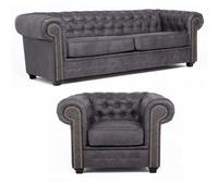 Astor Chesterfield Style Sofa Set 3+1 Seater Armchair Grey Faux Leather
