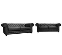 Astor Chesterfield Style Sofa Set 3+2 Seater Armchair Black Faux Leather (3+2 Seater)