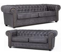 Astor Chesterfield Style Sofa Set 3+2 Seater Armchair Grey Faux Leather (3+2 Seater)