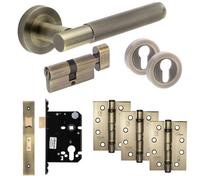 Astor Knurled Antique Brass Door Handle Pack With Euro Cylinder & Hinges