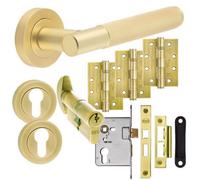 Astor Knurled Satin Brass Door Handle Pack With Euro Cylinder & Hinges