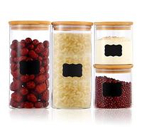 Astoryou Glass Jars Set 4Pcs, Spice Jars with Bamboo Airtight Lids Silicon Ring and Labels, Air Tight Kitchen Food Cereal Clear Canister Container for Kitchen Storage Grains Seeds Coffee Flour