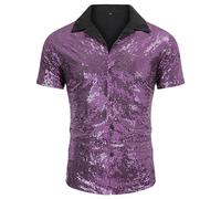 AstoSeu Men's Sequin Dress Shirt 70s Disco Costume Sparkle Party Short Sleeve Button Down Shirts, Purple, XXL
