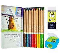 ASTRA Prestige 12 Colouring Pencils in Metal Tin Box Bundle with Smart Eraser and Pencil Sharpener for Children and Adult Artists (3 Items), Multicoloured