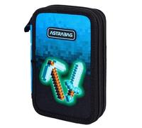 ASTRABAG Double School Pencil Case, Blue Pixel, 20.5 x 13 x 4.5 cm, 2 Compartments, with Accessory: 18-Piece Coloured Pencils, 9-Piece Felt-Tip Pen, Pencil, Sharpener, Eraser, Ruler