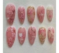 AstraGlam 24Pcs Pink Flower Press on Nails Medium Almond Fake Nails Peach Blossom with 3D Rhinestones Pearl Gold Glitter Design Artificial Cute Cat Nails Stick on Spring False Nails Acrylic