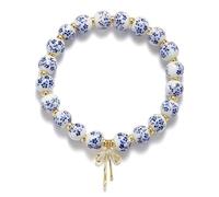 AstraGlam Beaded Bracelet for Women - Elegant Gold Bracelet with Blue and White Porcelain Beads and Bow Pendant - Handmade Ladies Jewellery Gift