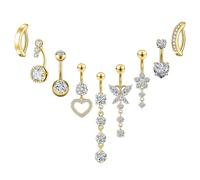 AstraGlam Navel Piercing Set With 9 Pieces, Surgical Steel Gold Navel Piercing With Short And Long Navel Rings, Heart, Butterfly And Flower Designs