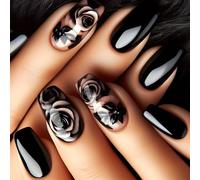AstraGlam Rose Blume Fake Nails Set, Black with Floral Pattern, 24 Artificial Stick-On Nails, Reusable for Elegant and Everyday Styles