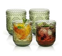 AstraLoom 360ml/12oz×4 Vintage Drinking Glasses Set, Sunflower Embossed Water Glasses, Dishwasher Safe Heavy Duty Glassware Beverages Tumblers for Wine/Whisky/Beer/Juice (Green)