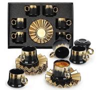 AstraLoom 90ml Espresso Cup Set of 6, 3oz Porcelain Demitasse Cups with Gold Rim & Stackable Saucers, Black & Gold Turkish Coffee Cups, Dishwasher Safe, Elegant Gift Box with Window