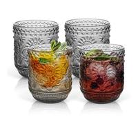 AstraLoom Drinking Glasses Set of 4, 360ml/12oz Glass Water Tumblers, Glassware Beverages Tumblers for Cocktail/Wine/Whisky/Beer/Juice, Heavy Duty Vintage Sunflower Embossed (Grey)