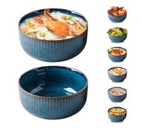 AstraLoom Large Salad Bowl - 2Pcs 1000ml Handmade Ceramic Serving Bowl for Fruit, Pasta, Soup | Microwave & Dishwasher Safe | Stackable Design (Blue, 15.3cm)