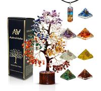 AstraVeda 7 Chakra Crystal Tree Gift Set with Pendant & 7 Mini Chakra Pyramids - Healing Gemstone Tree for Energy Balance, Meditation, Spiritual & Crystal Gifts