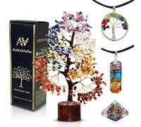 AstraVeda 7 Chakra Crystal Tree of Life with 2 Chakra Pendants & Mini Pyramid - Feng Shui Gemstone Tree for Positive Energy, Meditation, Healing Crystals & Spiritual Décor Gifts