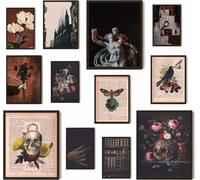 ASTRDECOR Dark Academia Decor Set - Vintage Newspapers Canvas Wall Art Prints Posters for Room Aesthetic, Spooky Gothic Home Decor for Halloween decor, Skull Witch Decor for Dark Bedroom Set of