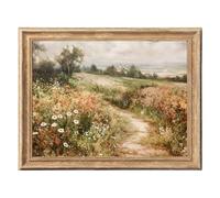 ASTRDECOR Framed Canvas Prints Art Vintage Decor, 12x16 Wildflower Field Rustic Farmhouse Framed Painting, Countryside Floral Landscape Wall Art with Wood-Look Frame, Cottagecore Pictures Decor