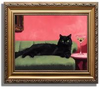 ASTRDECOR Framed Canvas Wall Art, Black Cat Lounging on Sofa Painting, Funny cat with Martini Art Print, Cocktail Art Bar Cart Decor, Abstract Animal Posters Prints Wall Decor for Living Room Bathroom