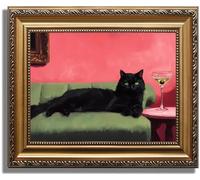 ASTRDECOR Framed Canvas Wall Art, Black Cat Lounging on Sofa Painting, Funny cat with Martini Art Print, Cocktail Art Bar Cart Decor, Abstract Animal Posters Prints Wall Decor for Living Room Bathroom