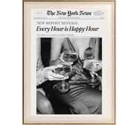 ASTRDECOR Framed Trendy NewsPaper Wall Art - Every Hour is Happy Hour, Retro News Prints Posters, New York Times Canvas Prints for Bar Cart Dorm Living Room Apartment Home Decor 12x16in