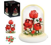 Astrevo Flower Building Blocks Set with LED Lighting, Rose Bouquet with Dustproof Dome and Base, Micro Flower Building Blocks, Gifts for Girls, Mum, Girlfriend