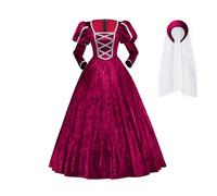 ASTRICOS Tudor Period Queen Elizabeth Anne Boleyn Costume Dress With Hat Set Renaissance Fancy Prom Gown For Women (Red, XL)