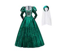 ASTRICOS Tudor Period Queen Elizabeth Anne Boleyn Costume Dress With Hat Set Renaissance Fancy Prom Gown For Women (Green, XS)