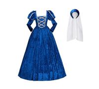 ASTRICOS Tudor Period Queen Elizabeth Anne Boleyn Costume Dress With Hat Set Renaissance Fancy Prom Gown For Women (Blue, XL)