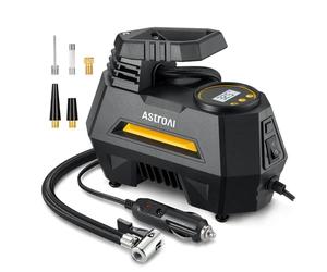 AstroAI Tyre Inflator Air Compressor 12V DC, 35LPM 100W Powerful Portable Car Tyre Pump Auto-Stop with Digital Pressure Gauge, 4 Valve Adaptors and LED Light, Car Accessories