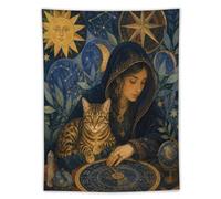 Astrologer Tabby Cat Wall Tapestry, Human Pet Companionship Bedside