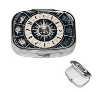 Astrological Sign Pill Box 2 Compartment Square Portable Pill Case for Pocket or Purse Small Weekly Medicine Planner Travel Pillbox with Mirror Decorative Metal Vitamin Holder Gifts