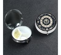 Astrological Sign Pill Box 3 Compartment Round Portable Pill Case for Pocket or Purse Small Weekly Medicine Planner Travel Pillbox with Mirror Decorative Metal Vitamin Holder Gifts