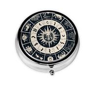 Astrological Sign Print Pill Box 3 Compartments Round Pill Organizer Metal Waterproof Portable Pill Case for Pocket or Purse Vitamin/Fish Oil/Pills/Supplements