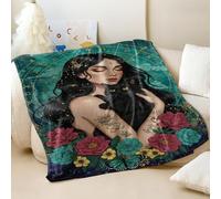 Astrological Tattoo Print Blanket, Dreamy Black Cat Art Flannel Throw, Elegant Couch Bed Blanket for Women (02,100x150cm)
