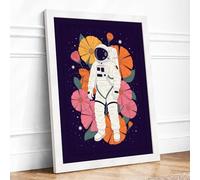 Astronaut Among Blooms Modern Framed Wall Art Print A2 (59.4×42cm) White, Wall Decor for Living Room, Bedroom, Office & Home, Ready to Hang, Art Gift
