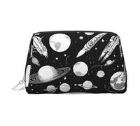 Astronaut and Alien Print Makeup Bag, Cosmetic Bag,Women Pu Leather Cosmetic Bags with Wrist Strap Travel Toiletry Pouch Makeup Bag