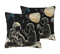 Astronaut And Alien Print Pillowcase 60x60 CM Set 2 Pack Linen-Look Square Pillow Covers Cushion Cover for Sofa, Bed, Living Room, Garden & Office Decor