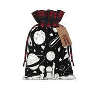 Astronaut And Alien Print Plaid Burlap Bag With Drawstring Christmas Burlap Pouches For Birthday Party Favors Gift