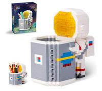 Astronaut Building Pen Holder Space Astronaut Mini Building Set Micro Blocks with LED Lighting Desktop Stationery Organizer Desktop Desk Supplies Holder for Office