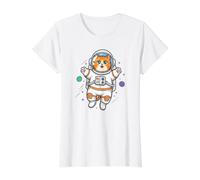 Astronaut Cat in Space Kawaii Cosmic Kitty Art Value Graphic T-Shirt, Women, White, L