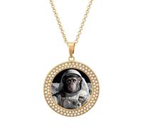 Astronaut Chimpanzee on The Moon Necklace For Women Charm Circle Pendant with Crystals Dainty Jewelry