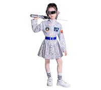 Astronaut Costume Kids Girls Dress Metallic Space Costumes Children NASA Pilot Sliver Astronaut Carnaval Fancy Dress Up Outfit for Boys Girls Future High-Tech Set, Shiny Jacket, Skirt, Goggle, Belt