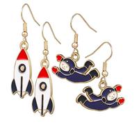 Astronaut Drop Dangle Earrings 2 Pairs Metal Women Girls | Rocket Ship Pendant Set, Retro Vintage Style, Casual or Formal Occasions, Valentine's Day Christmas Birthday