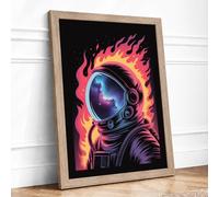Astronaut Engulfed in Flames Modern Framed Wall Art Print A3 (42×29.7cm) Oak, Wall Decor for Living Room, Bedroom, Office & Home, Ready to Hang, Art Gift